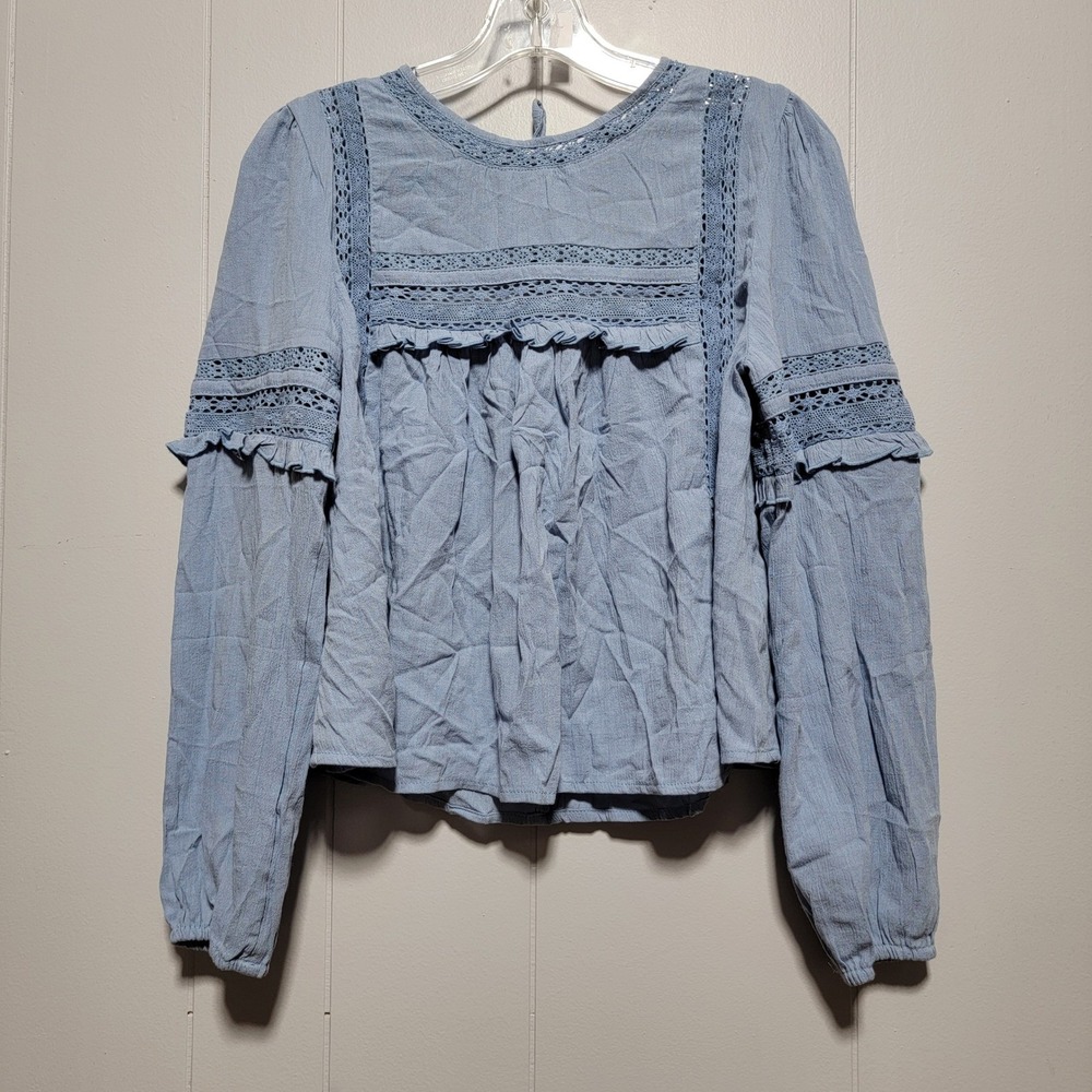 American Eagle Blue‎ Lace Trim Cutout Back Long Sleeve Peasant Blouse Top S